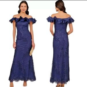 Adrianna Papell Women's Floral Ruffled Off-Shoulder Mermaid Gown Dress‎ Blue 14
